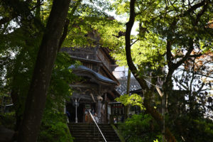 木々に囲まれた福島・さざえ堂、階段下から眺める静かな参拝の情景（撮影:Nikon Z50）