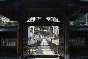 山形・上杉神社の木造門の中央に参拝客が立ち、提灯と桜が並ぶ参道の奥行き感（撮影:Nikon Z6III）